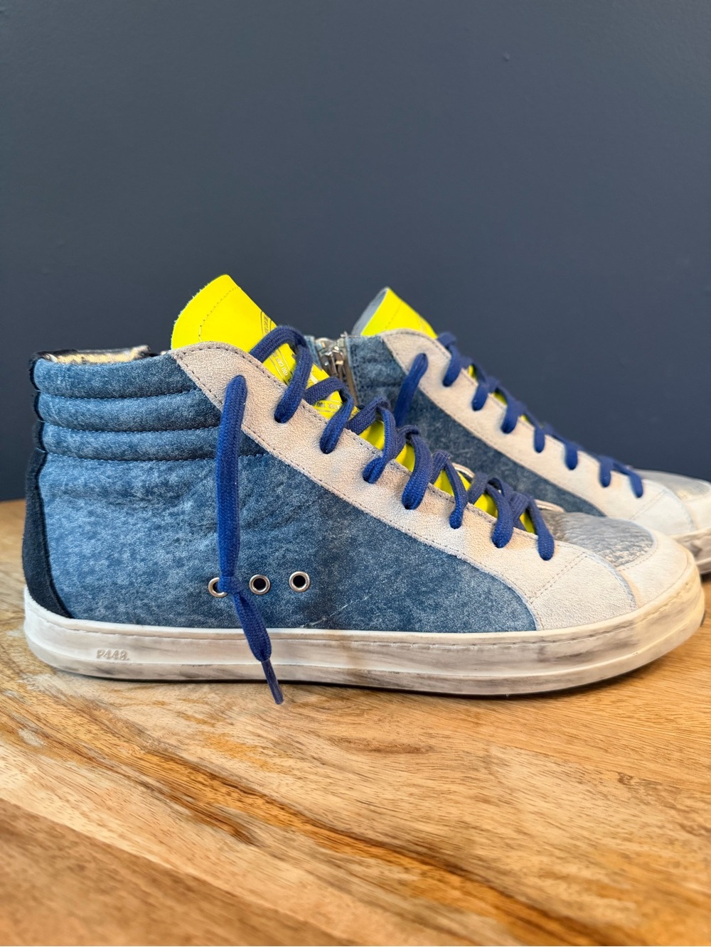 P448 Men’s Blue/Silver High-Top Sneakers with Yellow Accent Size 41